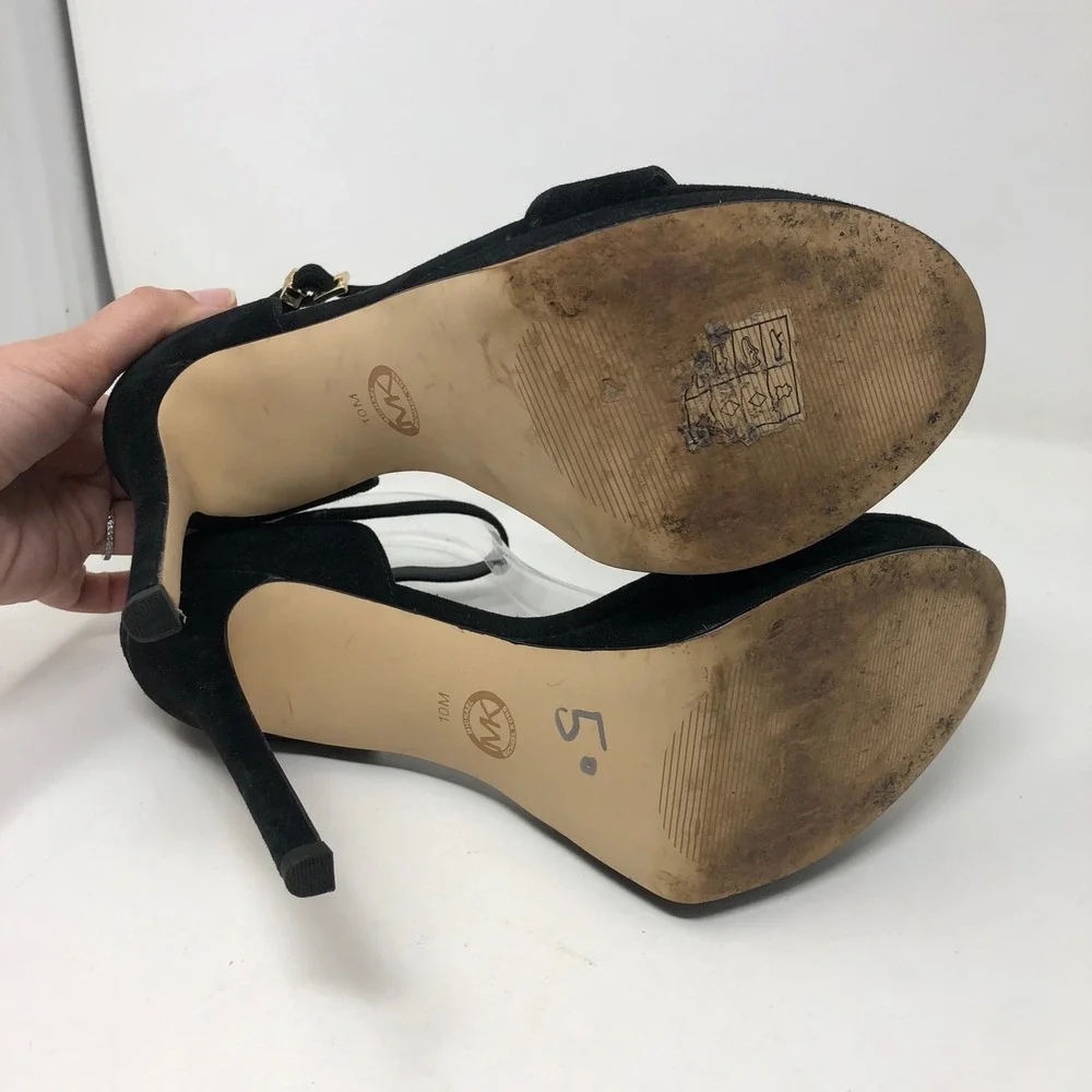 Michael Kors Platform Sandals Womens 10 Black Suede Ankle Strap Stiletto‎ SG22F